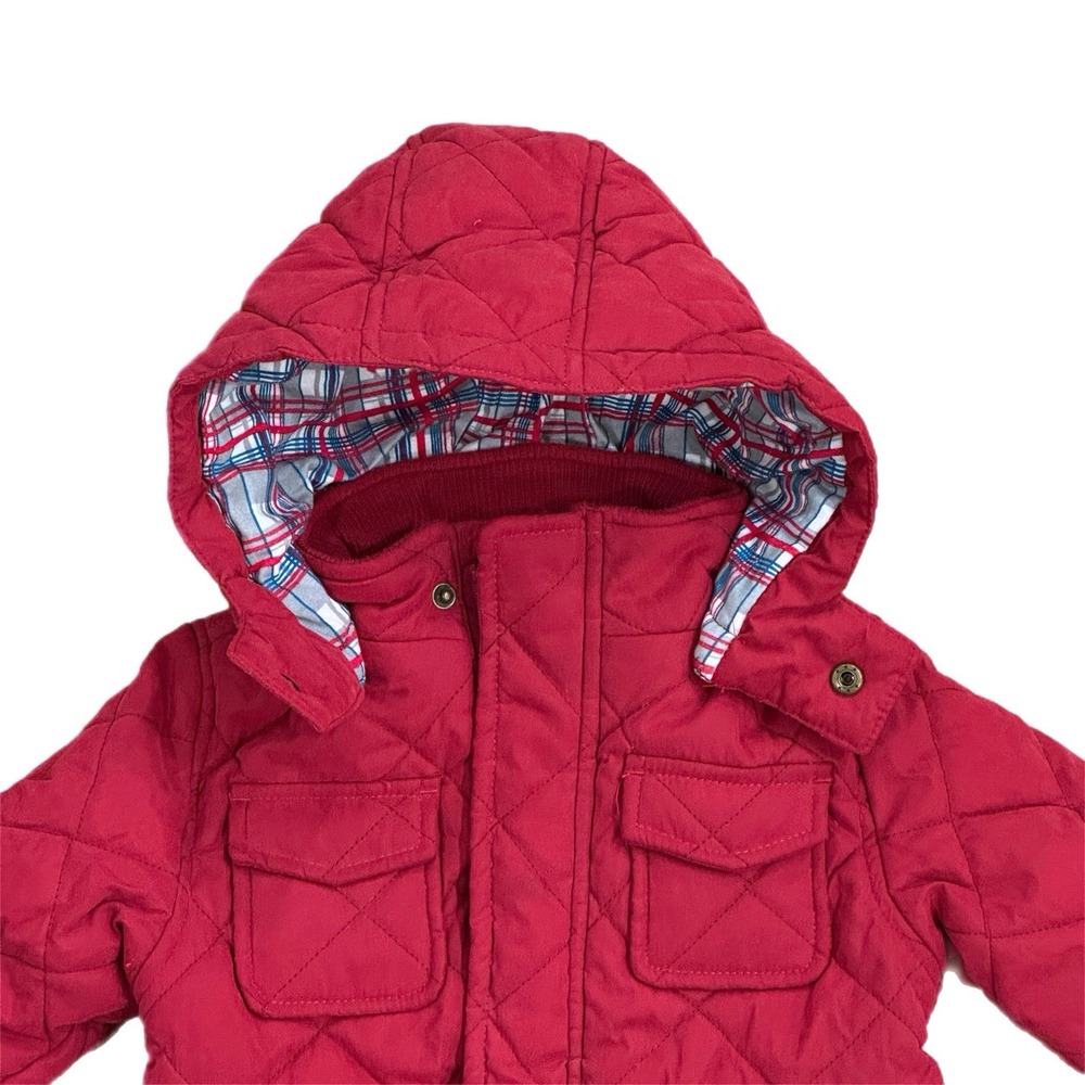 Panco Kids Red Quilted Hooded Jacket Plaid Lined 6-9 Months - Picture 2 of 8